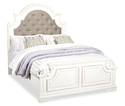  Lit à panneau Grace en bois et en tissu avec tête de lit et cadre de lit, blanc antique - format grand lit