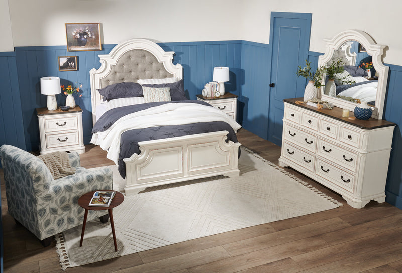 Lit à panneau Grace en bois et en tissu avec tête de lit et cadre de lit, blanc antique - format grand lit