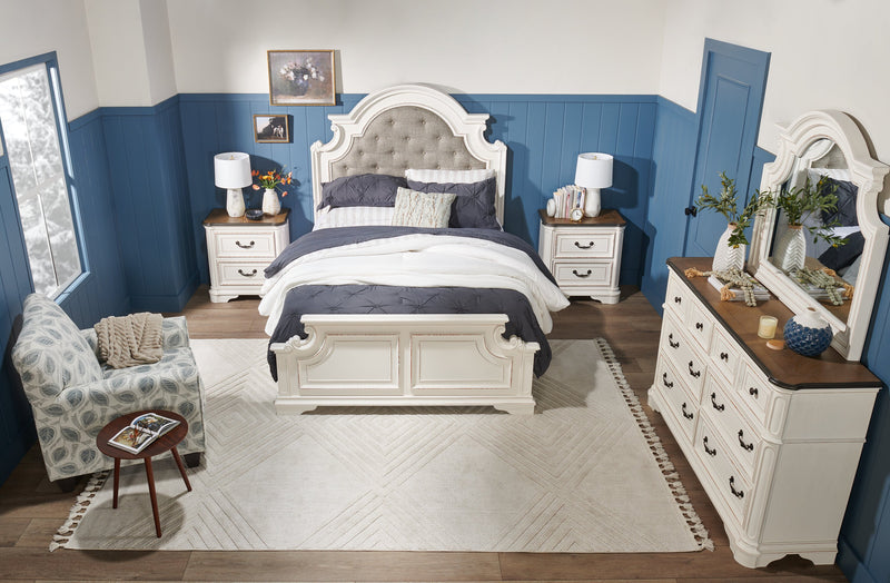 Lit à panneau Grace en bois et en tissu avec tête de lit et cadre de lit, blanc antique - format grand lit