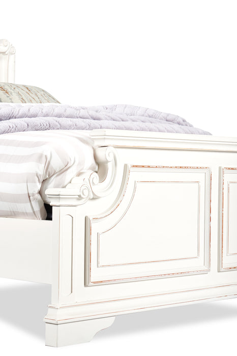 Lit à panneau Grace en bois et en tissu avec tête de lit et cadre de lit, blanc antique - format grand lit