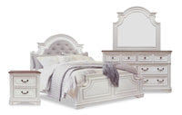  Ensemble de chambre à coucher Grace 6 pièces en bois et en tissu avec lit, commode, miroir et table de nuit, blanc antique - format grand lit