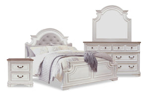 Ensemble de chambre à coucher Grace 6 pièces en bois et en tissu avec lit, commode, miroir et table de nuit, blanc antique - format grand lit