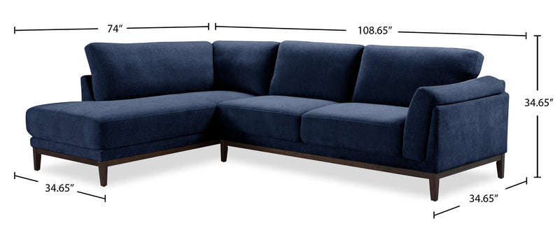 Sofa sectionnel de gauche Horizon 2 pièces en tissu avec base et pattes en bois - bleu marine