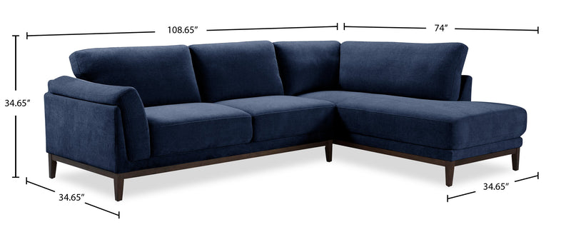 Sofa sectionnel de droite Horizon 2 pièces en tissu avec base et pattes en bois - bleu marine