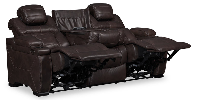 Sofa à inclinaison électrique Hugo de 84 po en cuir véritable avec appuie-têtes électriques, 2 porte-gobelets et ports USB - brun
