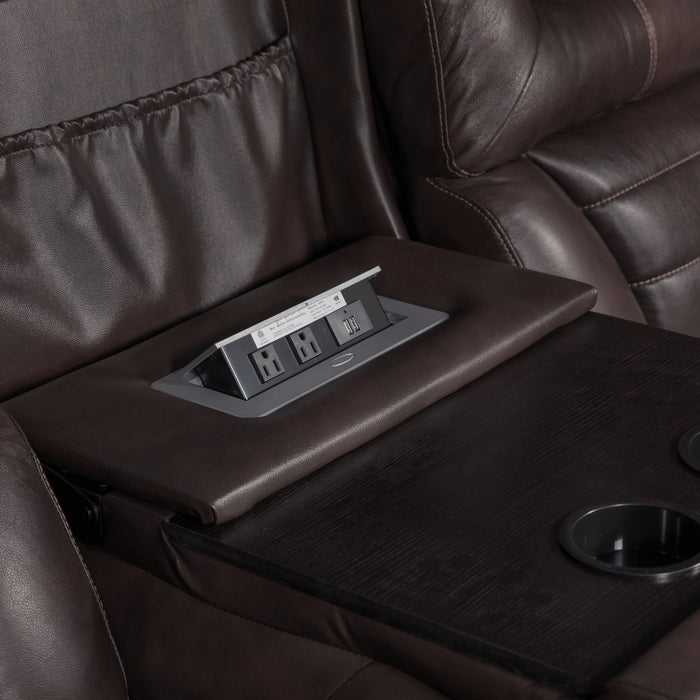 Sofa à inclinaison électrique Hugo de 84 po en cuir véritable avec appuie-têtes électriques, 2 porte-gobelets et ports USB - brun