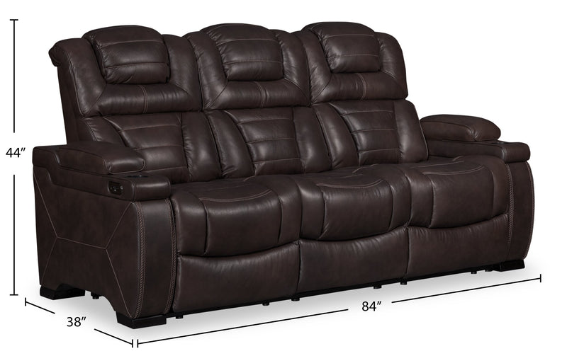 Sofa à inclinaison électrique Hugo de 84 po en cuir véritable avec appuie-têtes électriques, 2 porte-gobelets et ports USB - brun
