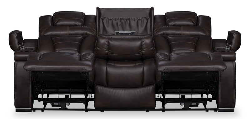 Sofa à inclinaison électrique Hugo de 84 po en cuir véritable avec appuie-têtes électriques, 2 porte-gobelets et ports USB - brun