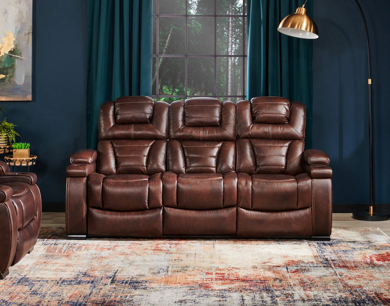 Sofa à inclinaison électrique Hugo de 84 po en cuir véritable avec appuie-têtes électriques, 2 porte-gobelets et ports USB - brun