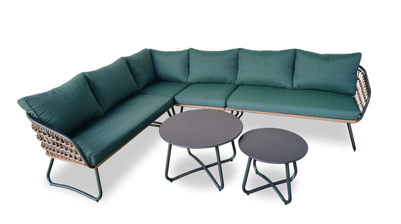 Sofa sectionnel Ibiza de Kort & Co. 6 pièces pour la terrasse à l’extérieur avec sofa sectionnel 4 pièces et 2 tables - osier en résine tressé à la main, résistant aux rayons UV et aux intempéries - gris foncé, naturel et vert