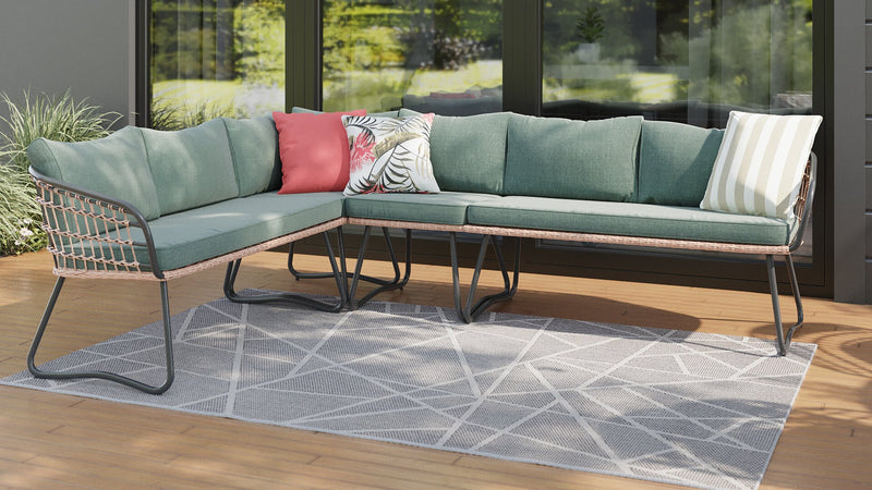 Sofa sectionnel Ibiza de Kort & Co. 6 pièces pour la terrasse à l’extérieur avec sofa sectionnel 4 pièces et 2 tables - osier en résine tressé à la main, résistant aux rayons UV et aux intempéries - gris foncé, naturel et vert