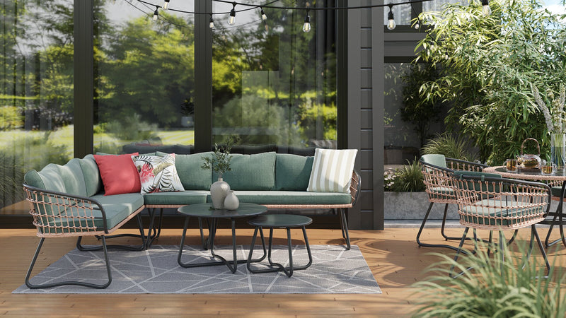Sofa sectionnel Ibiza de Kort & Co. 6 pièces pour la terrasse à l’extérieur avec sofa sectionnel 4 pièces et 2 tables - osier en résine tressé à la main, résistant aux rayons UV et aux intempéries - gris foncé, naturel et vert