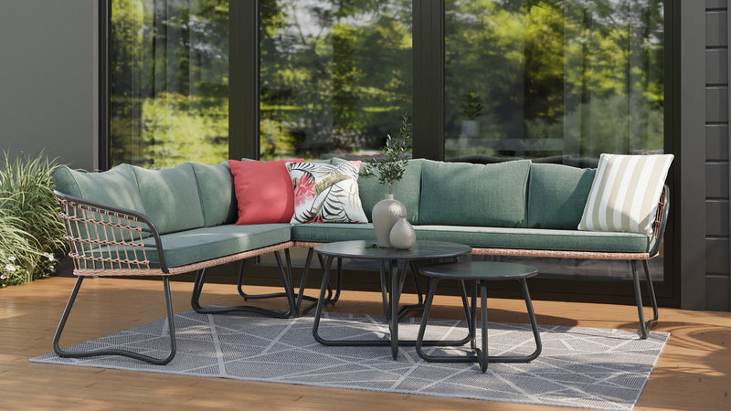 Sofa sectionnel Ibiza de Kort & Co. 6 pièces pour la terrasse à l’extérieur avec sofa sectionnel 4 pièces et 2 tables - osier en résine tressé à la main, résistant aux rayons UV et aux intempéries - gris foncé, naturel et vert