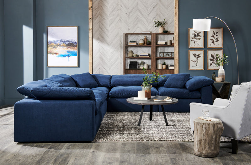 Sofa sectionnel modulaire Eclipse 5 pièces en tissu d’apparence lin avec coussins réversibles en duvet et plumes - bleu marine