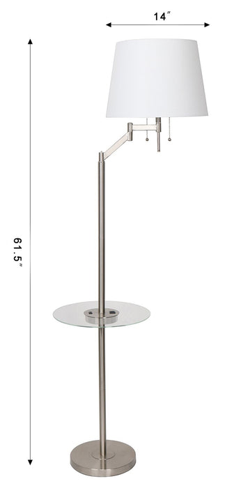 Lampe à pied Joss de Kort & Co. de 61 po acier brossé avec recharge USB et table d’appoint intégrée