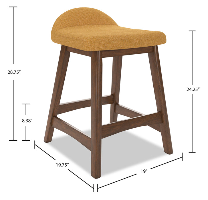Tabouret Jovi de hauteur comptoir en tissu d’apparence lin et en bois - moutarde