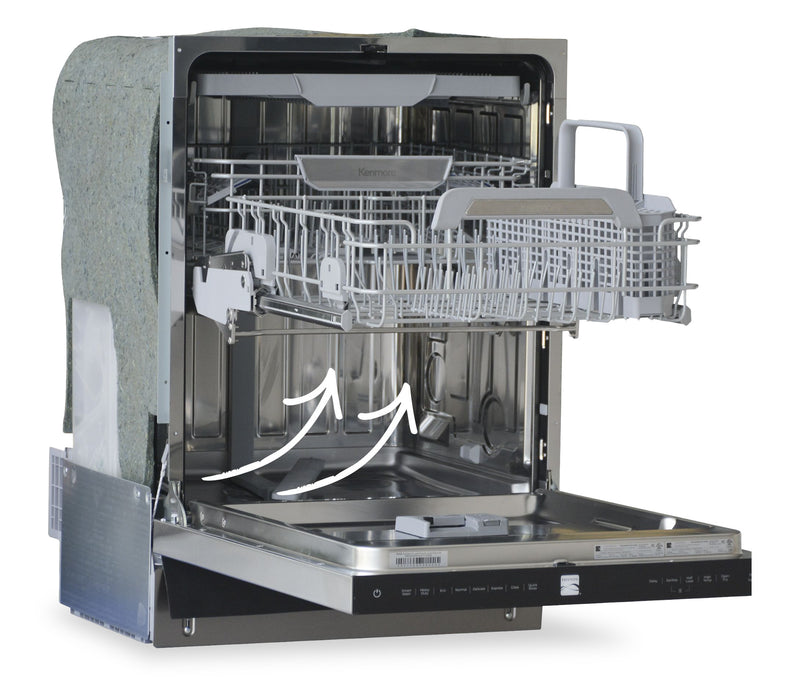 Lave-vaisselle encastré Kenmore de 24 po et de 45 dBA avec commandes à l’avant et Système de levage EASYREACHMC - Acier Inoxydable - KKDW3RPHLIFT-45SS