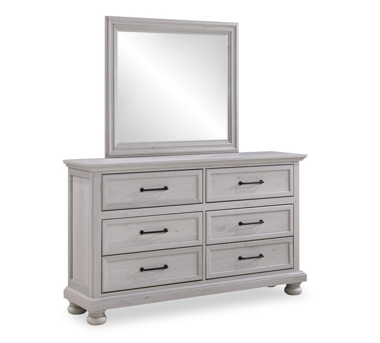 Ensemble de chambre à coucher Kylie 6 pièces sable avec lit de rangement, commode, miroir et table de nuit - format grand lit