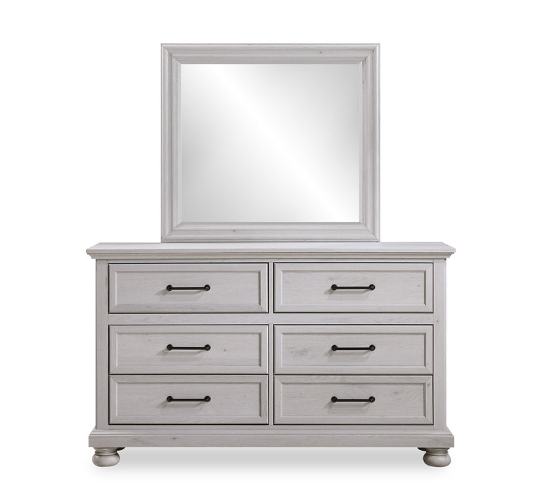 Ensemble de chambre à coucher Kylie 6 pièces sable avec lit de rangement, commode, miroir et table de nuit - format grand lit