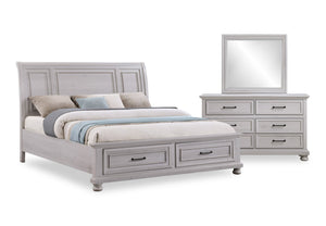 Ensemble de chambre à coucher Kylie 5 pièces gris avec lit de rangement, commode et miroir - format très grand lit