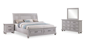 Ensemble de chambre à coucher Kylie 6 pièces gris avec lit de rangement, commode, miroir et table de nuit - format très grand lit