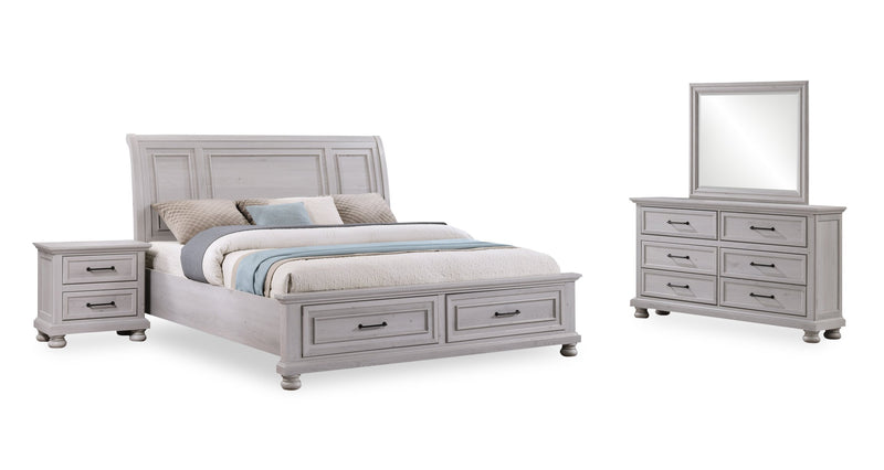 Ensemble de chambre à coucher Kylie 6 pièces sable avec lit de rangement, commode, miroir et table de nuit - format très grand lit