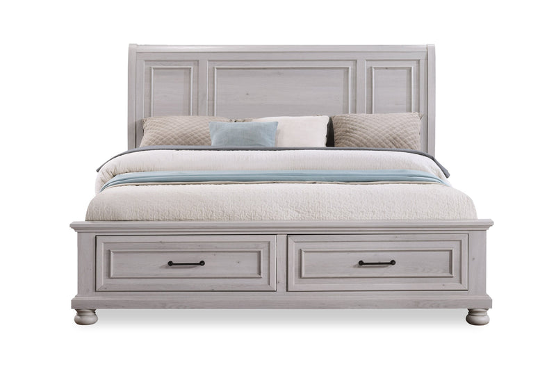 Ensemble de chambre à coucher Kylie 6 pièces sable avec lit de rangement, commode, miroir et table de nuit - format très grand lit