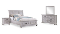  Ensemble de chambre à coucher Kylie 6 pièces sable avec lit de rangement, commode, miroir et table de nuit - format grand lit