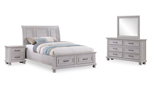Ensemble de chambre à coucher Kylie 6 pièces gris avec lit de rangement, commode, miroir et table de nuit - format grand lit