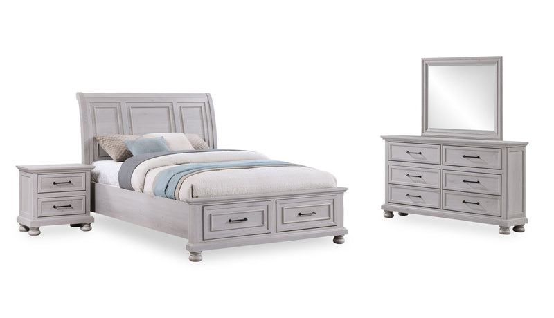 Ensemble de chambre à coucher Kylie 6 pièces sable avec lit de rangement, commode, miroir et table de nuit - format grand lit
