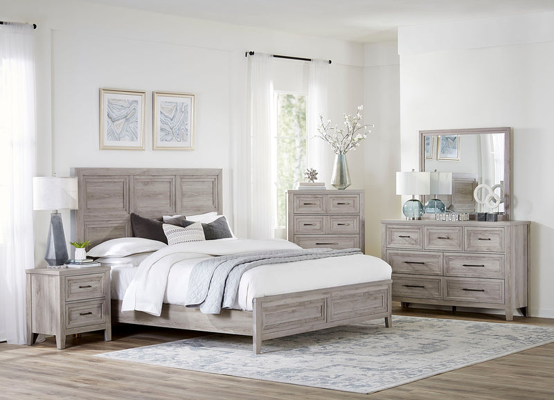 Ensemble de chambre à coucher Lara 5 pièces avec lit, commode et miroir, gris antique - format grand lit