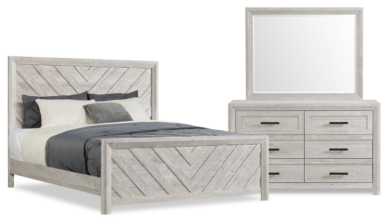 Ensemble de chambre à coucher Lark 5 pièces blanc rustique avec lit à panneaux, commode et miroir - format très grand lit