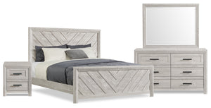 Ensemble de chambre à coucher Lark 6 pièces blanc rustique avec lit à panneaux, commode, miroir et table de nuit - format très grand lit