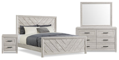 Lark 6pc Bedroom Set with Panel Bed, Dresser, Mirror & Nightstand, Rustic White - King Size | Ensemble de chambre à coucher Lark 6 pièces blanc rustique avec lit à panneaux, commode, miroir et table de nuit - format très grand lit