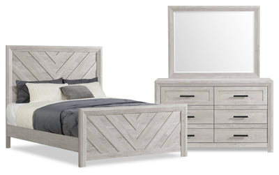 Lark 5pc Bedroom Set with Panel Bed, Dresser & Mirror, Rustic White  - Queen Size | Ensemble de chambre à coucher Lark 5 pièces blanc rustique avec lit à panneaux, commode et miroir - format grand lit