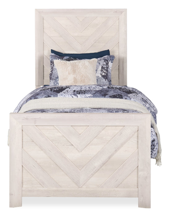 Lit à panneaux Lark blanc rustique pour enfants avec tête de lit, cadre et motif de chevrons - format lit simple