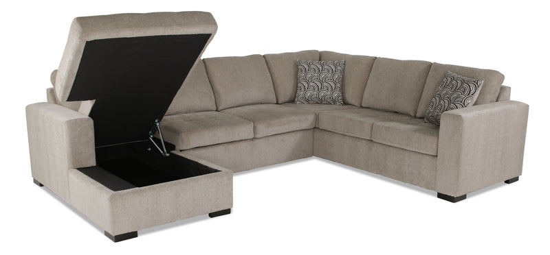 Sofa-lit sectionnel de gauche Legend 3 pièces fabriqué au Canada en tissu de chenille avec fauteuil long de rangement - beige platine