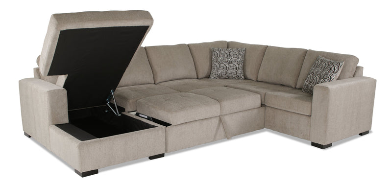 Sofa-lit sectionnel de gauche Legend 3 pièces fabriqué au Canada en tissu de chenille avec fauteuil long de rangement - beige platine