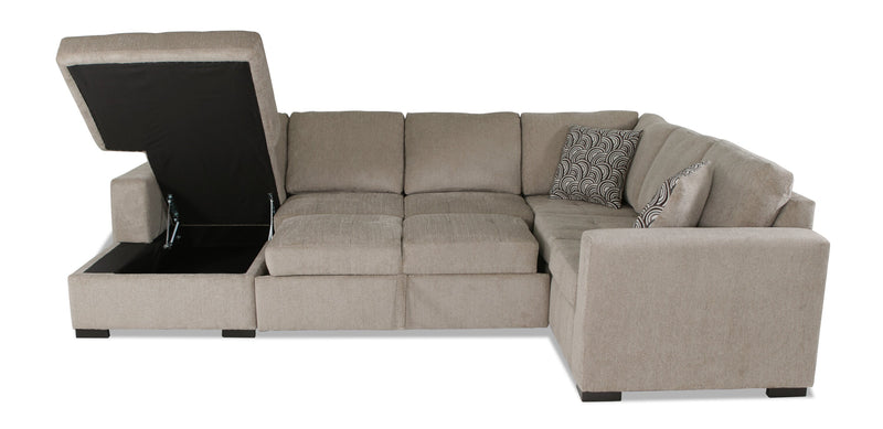 Sofa-lit sectionnel de gauche Legend 3 pièces fabriqué au Canada en tissu de chenille avec fauteuil long de rangement - beige platine