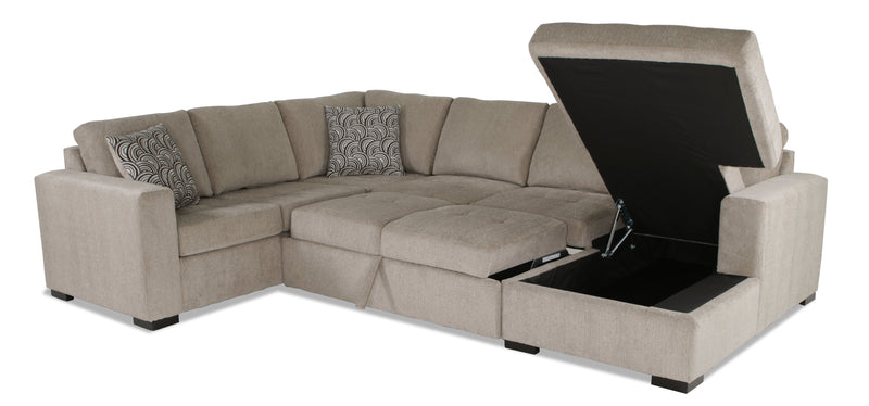 Sofa-lit sectionnel de droite Legend 3 pièces fabriqué au Canada en tissu de chenille avec fauteuil long de rangement - beige platine