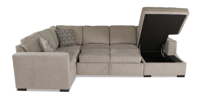 Sofa-lit sectionnel de droite Legend 3 pièces fabriqué au Canada en tissu de chenille avec fauteuil long de rangement - beige platine