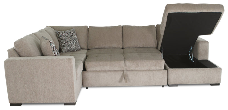Sofa-lit sectionnel de droite Legend 4 pièces fabriqué au Canada en tissu de chenille avec fauteuil long de rangement - beige platine