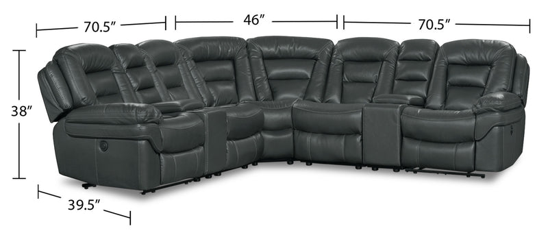Sofa sectionnel à inclinaison électrique Leo 7 pièces en tissu d’apparence cuir avec consoles de rangement et porte-gobelets - gris
