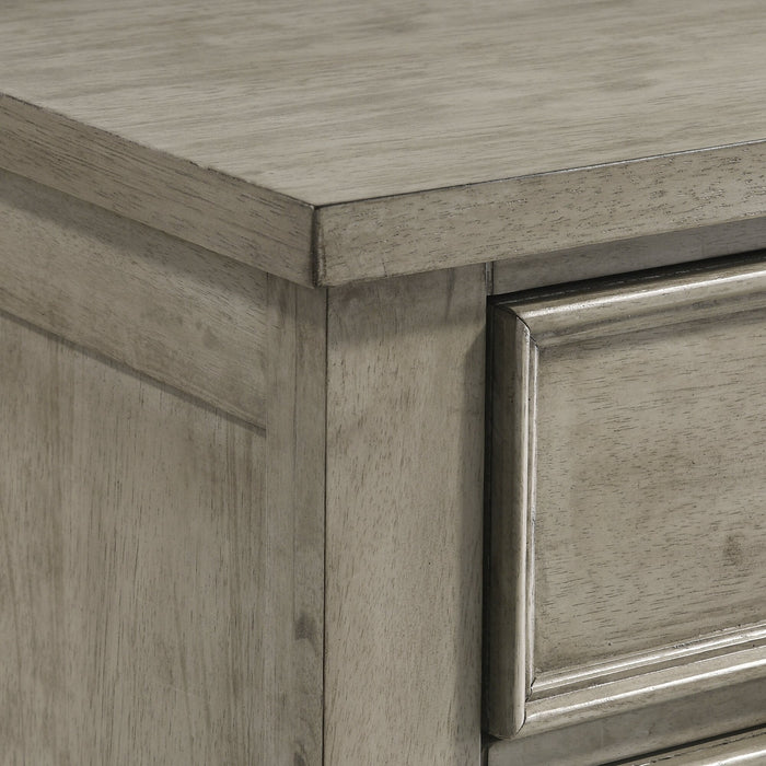 Ensemble de chambre à coucher Levi 6 pièces en bois avec lit de rangement, commode, miroir et table de nuit, gris bois de grève - format grand lit