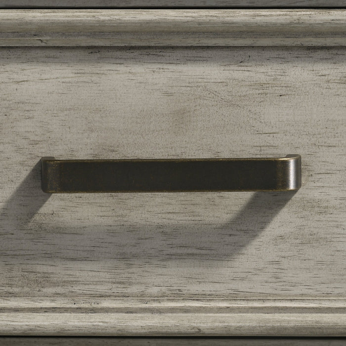 Ensemble de chambre à coucher Levi 6 pièces en bois avec lit de rangement, commode, miroir et table de nuit, gris bois de grève - format grand lit