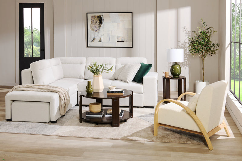 Fauteuil d’appoint Loft de 27,55 po en tissu bouclé avec coussin décoratif, accoudoirs et pattes en bois - blanc