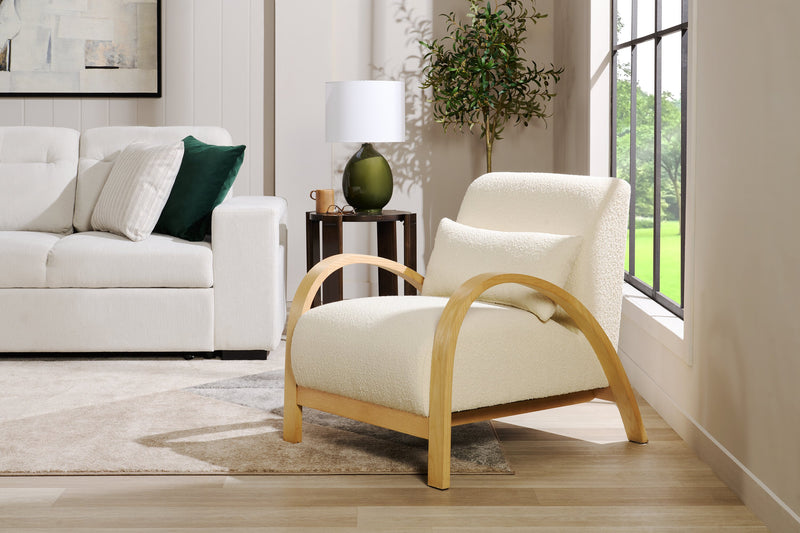 Fauteuil d’appoint Loft de 27,55 po en tissu bouclé avec coussin décoratif, accoudoirs et pattes en bois - blanc