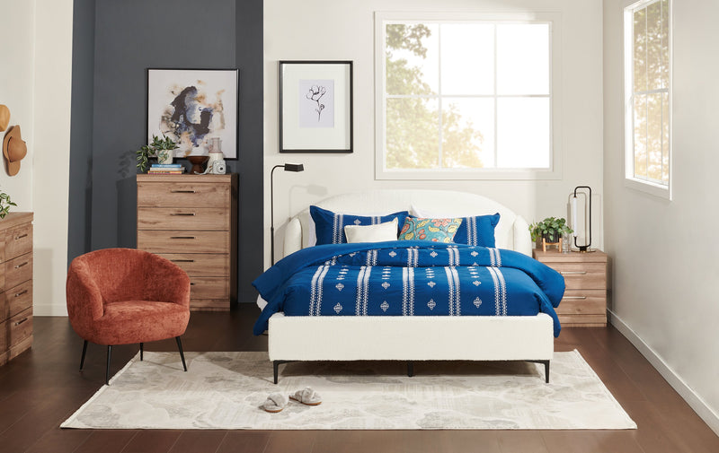 Lit rembourré à oreilles Luna en tissu blanc - format grand lit