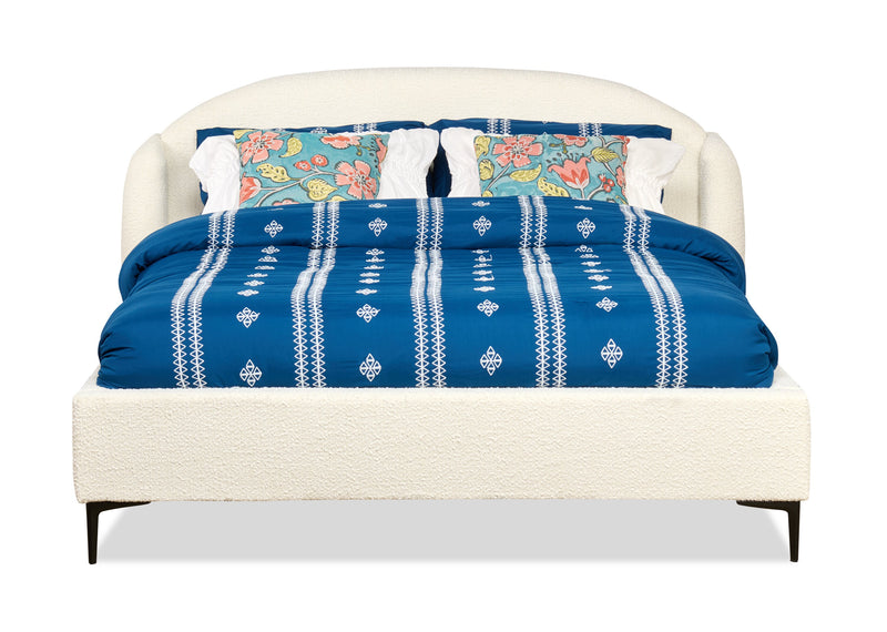 Lit rembourré à oreilles Luna en tissu blanc - format grand lit