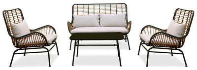 Maki 4-Piece Outdoor Patio Conversation Set with Loveseat, 2 Chairs & Glass Top Coffee Table - Hand-Woven Resin Wicker, UV & Weather Resistant - Natural | Ensemble de conversation Maki 4 pièces pour la terrasse